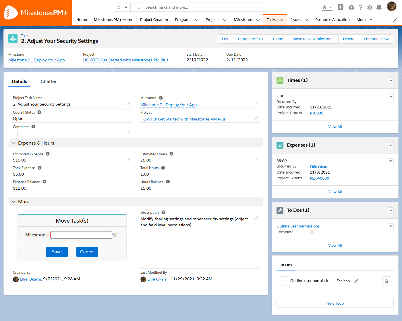 Track Hours, Expenses on Salesforce Project Task page Milestones PM+